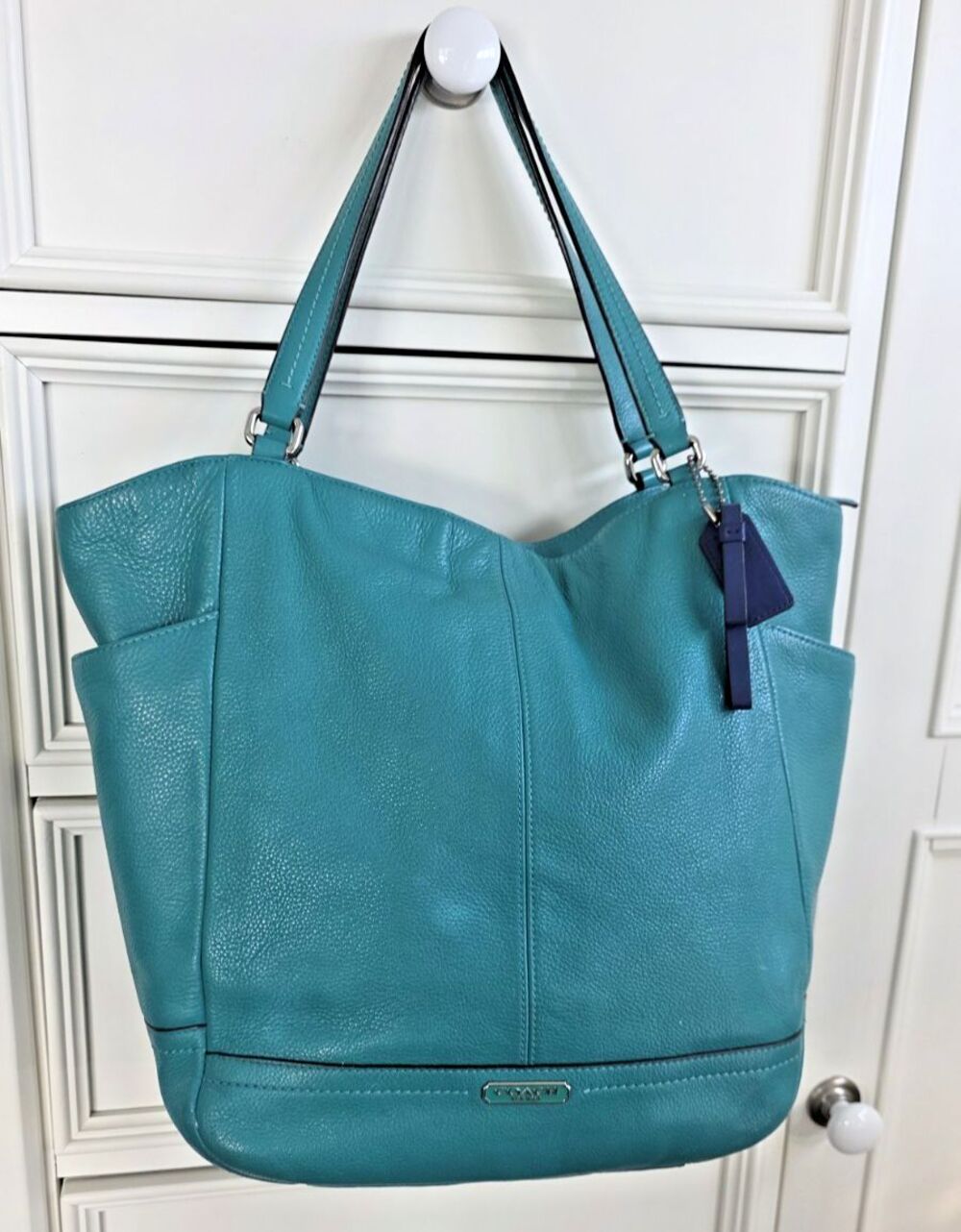 COACH Park North South Shoulder Tote Bag Teal Green Pebbled Leather Large F23662
